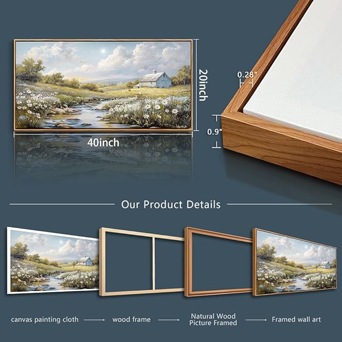PHAOHUAXM Wood Framed Wall Art For Living Room Large Canvas Wall Decor For Bedroom Flower Watercolour Painting Office Decor Countryside Scenery Wall Picture Printing Artwork Home Decor 20x40 In