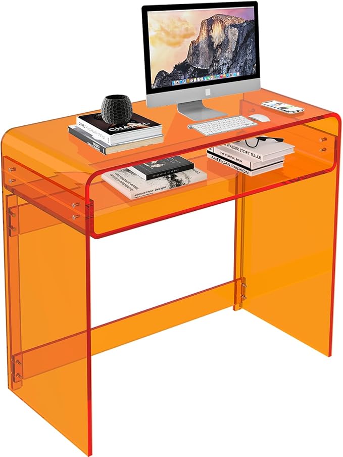 Acrylic Desk, Orange Table, Acrylic Console Table for Office, Study, Bedroom, Entrance Decor (15.5" D x 33.5" W x 29.3" H, Orange)
