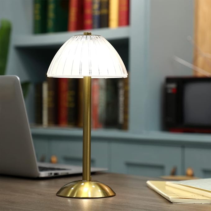 Liliful 2 Pcs LED Portable Cordless Table Lamp Touch Battery Operated Rechargeable Desk Lamp 3 Color Dimmable for Bedroom Living Room Dining (Mushroom Style,Gold)