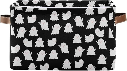 Storage Basket Bin Halloween Ghosts Organizer Basket Collapsible Shelf Basket Cube with handle for Nursery Bedroom Bathroom (white 24)