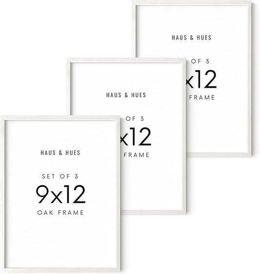 HAUS AND HUES Set of 3 9x12 Picture Frame - 9x12 Frame Wooden Picture Frames, 9 X 12 Frame Natural Wood Picture Frames, 12x9 Picture Frame Set Wooden Frames, 9 X 12 Picture Frame (White Oak Frame)