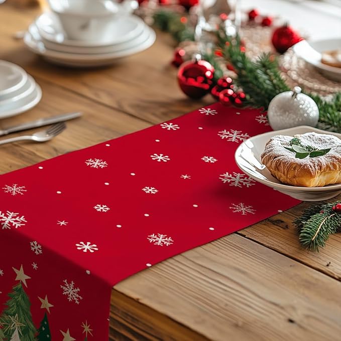 GEEORY Christmas Table Runner 13x48 Inch, Xmas Trees Snowflakes Holiday Decorative Farmhouse Table Decoration for Kitchen Dinning, Indoor Outdoor Dinner Party Decor (Red) GT150-48
