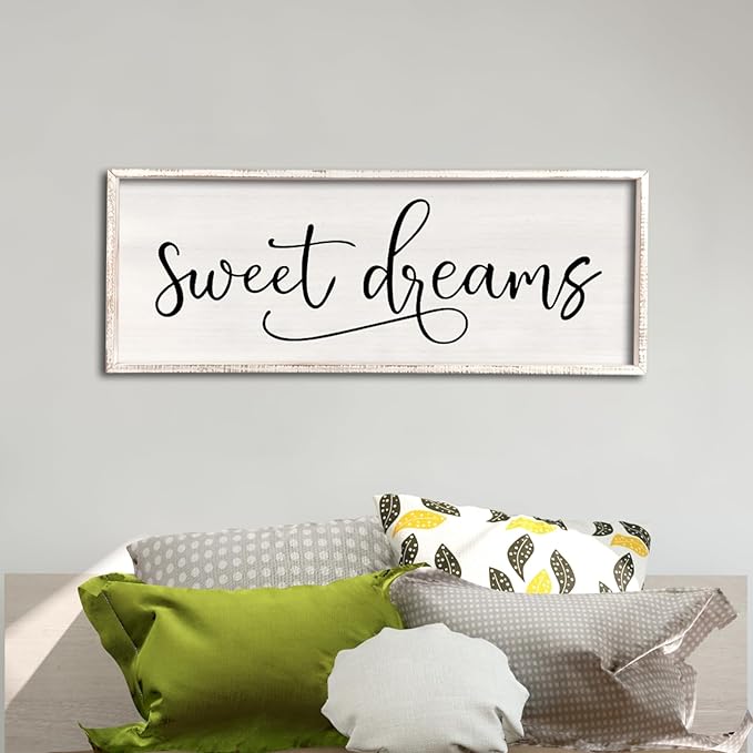 comurdyo Sweet Dreams Wall Decor Above Bed Sign 32" x 12" Master Bedroom Wooden Antique Framed Large Rustic Farmhouse Guest Room Beautiful Simple Hanging Plaque Over Bed Wall Art (White)