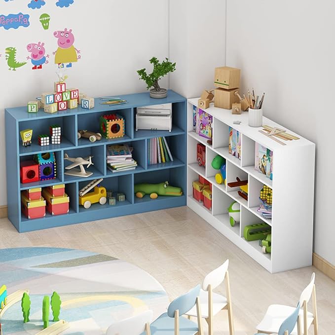 IOTXY Open Shelf Low Bookcase - Wooden 3-Tier Floor Standing Display Cabinet Organizer with Base, 8 Cubes Short Horizontal Bookshelf in Warm White