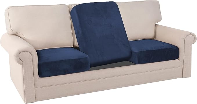 PrinceDeco Couch Cushion Covers, Stretch Washable Sofa Cushion Cover, Fitted Sofa Slipcover Velvet Fabric Non-Slip Furniture Protector for Dog,Pets, Kid (Each Width Up to 29.5", Navy)