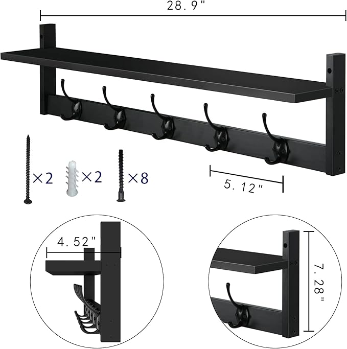 AMBIRD Wall Hooks with Shelf Entryway Hanging Wood Coat Hooks with Shelf Wall-Mounted Coat Hook Rack with 5 Dual Hooks for Bathroom, Living Room, Bedroom (Stylish)