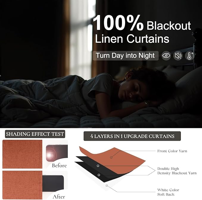 Patio Sliding Glass Doors Curtains 108 Inches Long 2 Panel Blackout Linen Textured Bohemian Autumn Fall Decorations Hippie Decorative Thermal Drapes for Summer Heat Light Blocking Black Out Terracotta