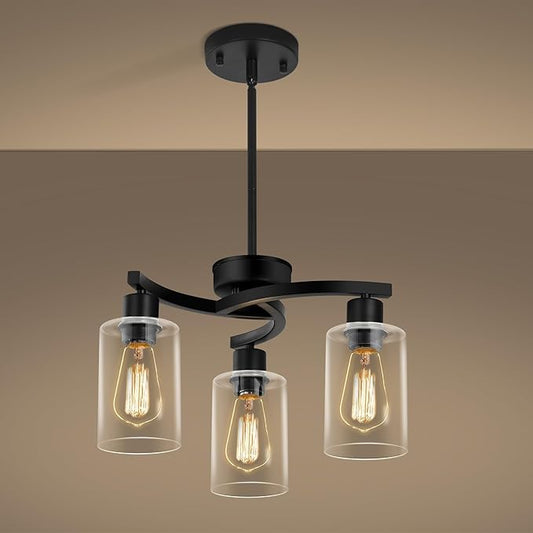 3-Light Modern Farmhouse Black Pendant Lights Kitchen Island, Adjustable Height Contemporary Chandeliers for Dining Room Light Fixture Hanging, Clear Glass Shade