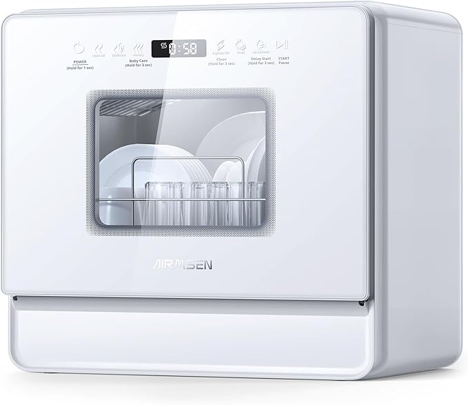 AIRMSEN Countertop Dishwasher Complete 2-Level Rack, Portable Dishwashers with 5L Built-in Water Tank, 3-Spray Arms & 12H Delay Start, No Hookup Needed, A01, White
