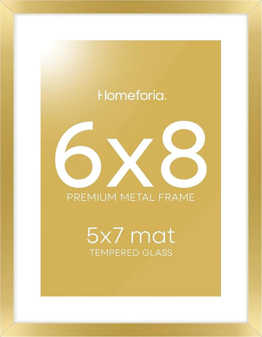 Homeforia 6x8 Picture Frame Gold, High End Metal 6 x 8 Frames with Mat 5 by 7 for Print, Photo Frame 6x8 Gold Matted to 5x7 inches Art, 6by8 Wall or Tabletop Frames, Tempered Glass, Wall Kit, Set of 1