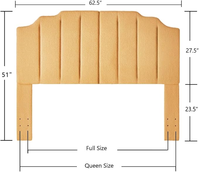 24KF Yellow Teddy Fabric Tufted for Queen Upholstered Headboard, Modern Vertical Channel Design Full Headboard with Stepped Silhouette Top Edge,6026-Q-Teddy Yellow