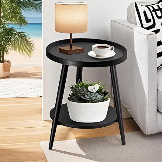 Small Round Side Table, 2-Tier Mid Century Modern Side Table, Round End Table Small Side Table for Living Room, Metal Frames, Black