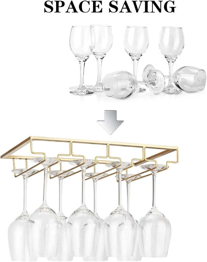 Wine Glass Rack Under Cabinet - Stemware Holder Metal Wine Glass Organizer Glasses Storage Hanger for Bar Kitchen Gold 4 Rows