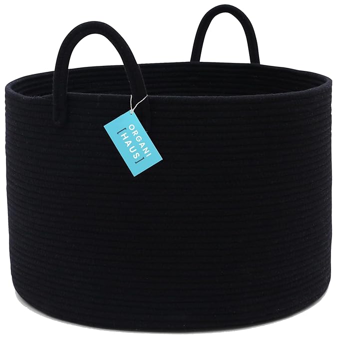 OrganiHaus Large Laundry Basket, Woven Cotton Rope Basket for Blankets, Toy Storage, Nursery Hamper, Living Room Decor Organizer, Soft & Durable Hamper with Handles, 20x13 inches - Black