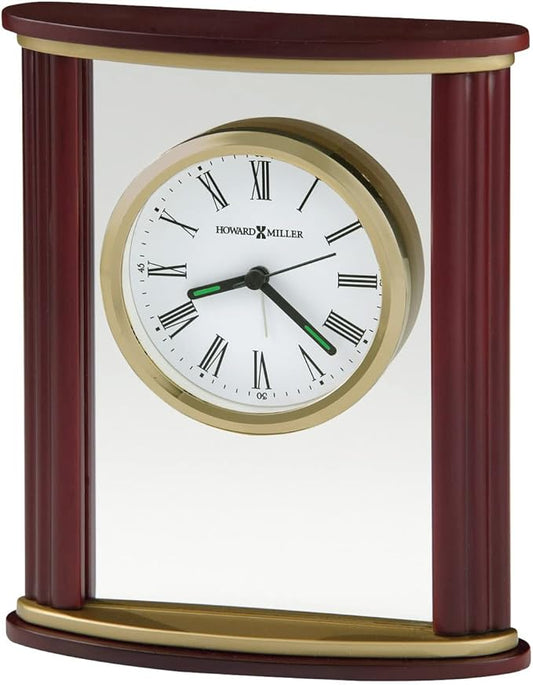 Howard Miller Victor Tabletop Clock - Wooden Desk Timepiece with Glass Crystal, Felt Bottom, Quartz Movement, Analog Alarm Clock, Battery Operated for Home, Office, Living Room, and Bedroom Decor