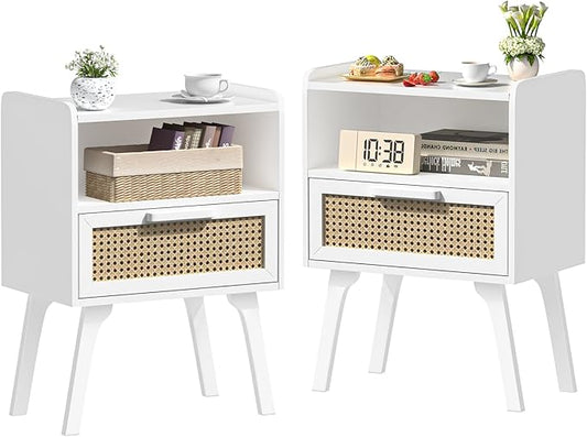 Lerliuo Rattan Nightstands Set of 2, Bedside Table with Drawer Open Shelf, Cane Accent Side End Table with Solid Wood Legs, White Mid Century Night Stand for Bedroom, Dorm and Small Spaces