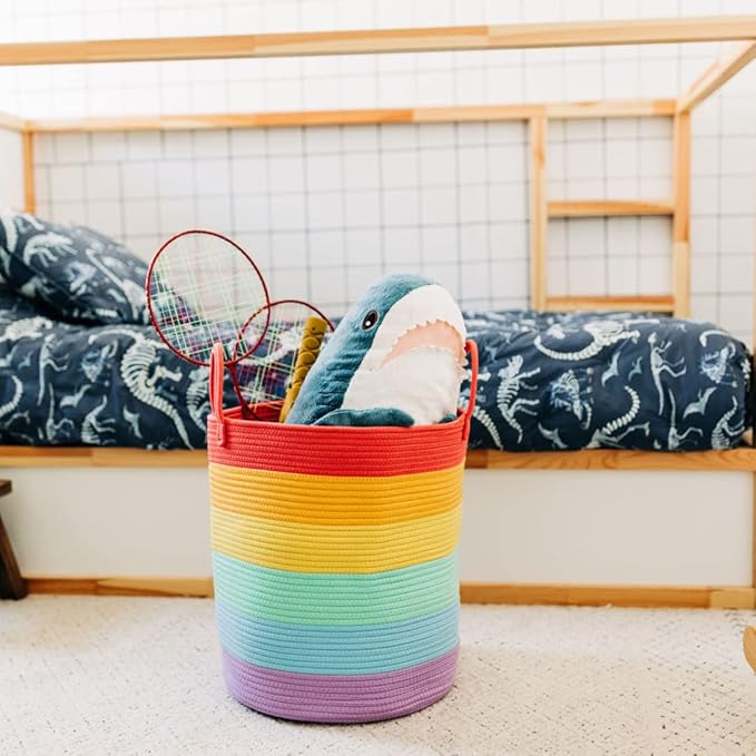 OrganiHaus Tall Rainbow Rope Blanket Basket for Living Room Decor, Cute Woven Baby Laundry Basket, Baby Nursery Hampers for Toys, Kids Laundry Hamper for Dirty Clothes, Decor for Kids Classroom