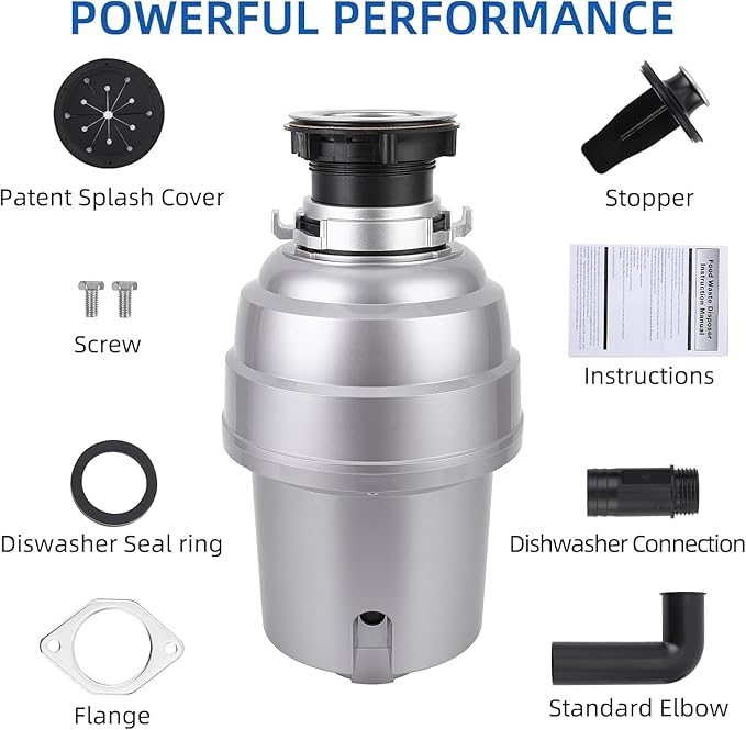 Powerful 1HP Stainless Steel Garbage Disposer, Dishwasher-Friendly and Continuous Feeding Waste Disposer, Grinding Material Four-Stage Grinding, Silver
