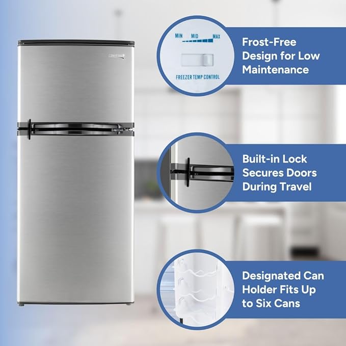 RecPro 4.4 Cu Ft RV Refrigerator | 12V Stainless Steel Fridge with Freezer | Frost-Free, Adjustable Shelves, Built-In Lock, Reversible Door | Off-Grid Ready Camper Fridge with Can Holder