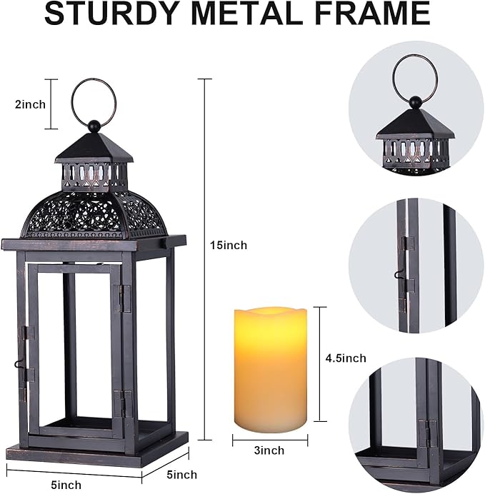 DECORKEY No Glass Lanterns Decorative Indoor & Outdoor, 15'' Candle Lantern Decorative Christmas Indoor Outdoor Decor, Vintage Metal Hanging Lanterns with LED Candle for Patio, Front Porch,Yard, Table
