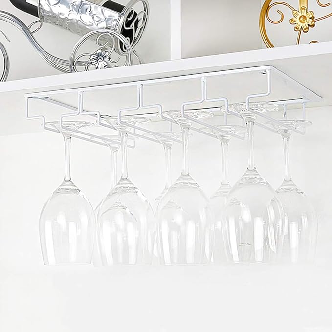 Wine Glass Rack Under Cabinet - Stemware Holder Metal Wine Glass Organizer Glasses Storage Hanger for Bar Kitchen Brown 4 Rows White
