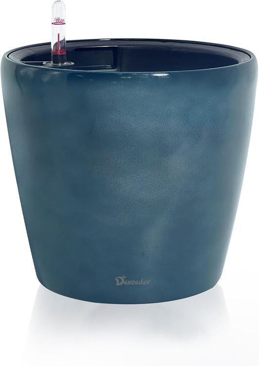 Dexceder 9x8 Inches Self Watering Planter Indoor Outdoor, Inner Pot Design, Thickened Table Flower Plant Pot with Water Level Indicator (Grayish Green Gradient)