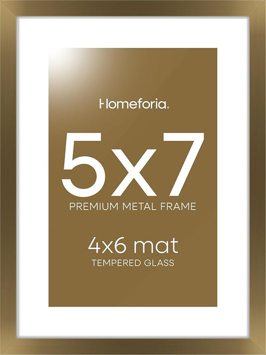 Homeforia 5x7 Picture Frame Bronze, High End Metal 5 x 7 Brass Frames with Mat 4 x 6 for Art, 5x7 Desk Frame Matted to 4x6 inch Photo, 5 by 7 Wall or Tabletop Frame, Tempered Glass, Wall Kit, Set of 1