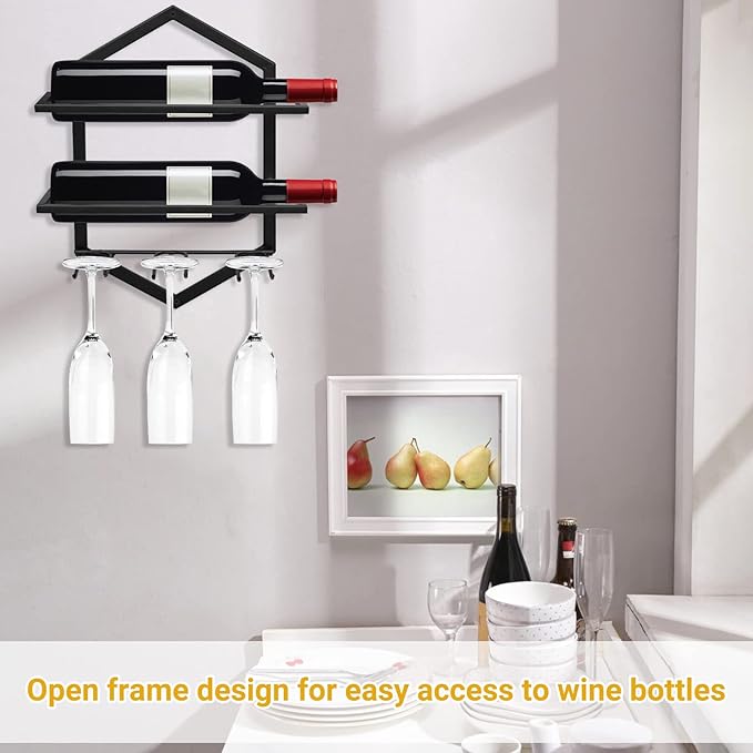 Wall Mounted Wine Stemware Rack, Metal Hanging Wine Glass Display Holde Holds 3 Cups 2 Bottles, Elegant Storage for Kitchen Dining Room Bar Wine Cellar (Black 1)