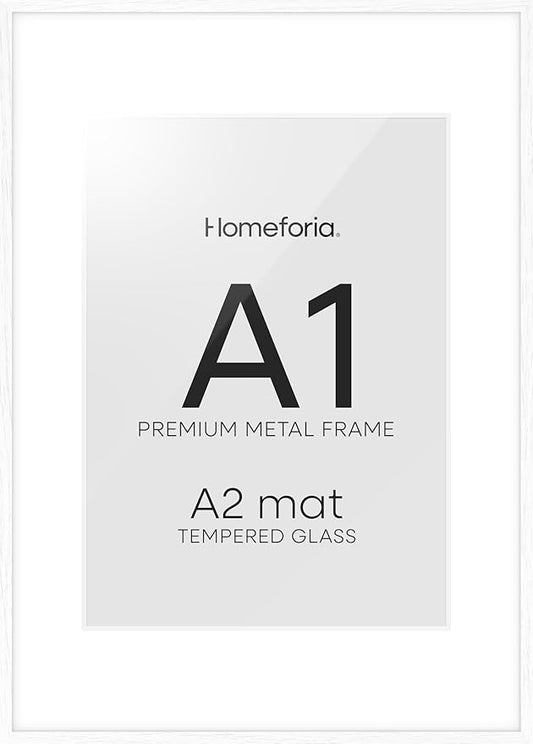 Homeforia A1 Frame White Wood, High End Oak 23.4 x 33.1 White Wooden Poster Frames Matted to 16.5 by 23.4 inches Photo, A1 Size Large Wood Picture Frame with Mat A2, Tempered Glass, Wall Kit, Set of 1
