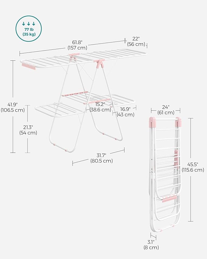 SONGMICS Clothes Drying Rack, Foldable 2-Level Laundry Drying Rack, Free-Standing Laundry Airer, with Height-Adjustable Wings, 33 Drying Rails, Sock Clips, White and Pink ULLR053P01V1