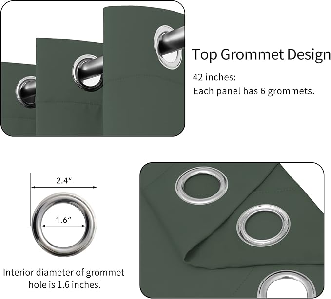 Easy-Going Blackout Curtains for Bedroom, Solid Thermal Insulated Grommet and Noise Reduction Window Drapes, Room Darkening Curtains for Living Room, 2 Panels (42x95 in, Greyish Green)