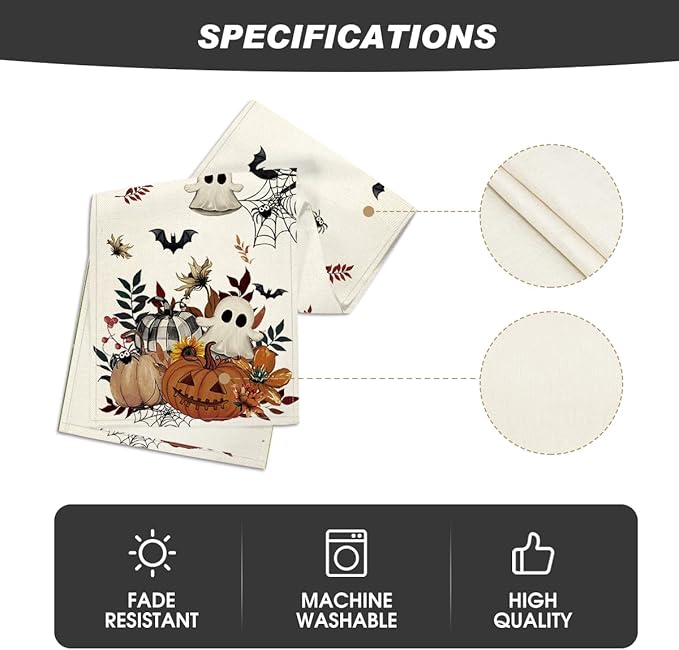 Artoid Mode Pumpkin Ghost Leaves Spider Web 210 GSM Halloween Table Runner, Spooky Kitchen Dining Table Decoration for Home Party Decor 13x60 Inch