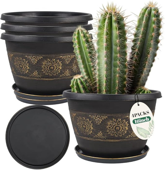4 Pack 16 inch Plant Pots, Retro Pattern Planters with Drainage Holes and Saucer, Sturdy Plastic Garden Flower Pots for Indoor & Outdoor Plants