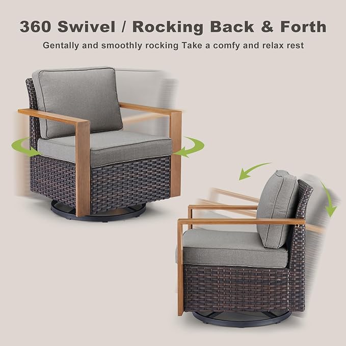 Outdoor Wicker Patio Furniture Set - 6 Piece Patio Conversation Set with 2 Wicker Swivel Rocker Chairs,2 Rattan Ottoman,1 Side Table and 1 Couch,Thick Cushions,Deep Seating(Brown/Grey)