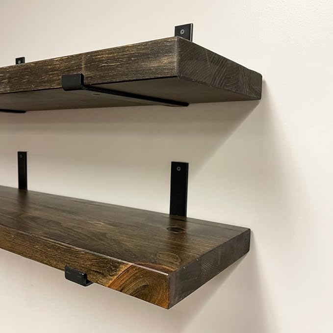 Rustic Shelves with J-Brackets Set of 2, Industrial Shelf, Kitchen Shelves, Solid Wood, Decorative Wall Storage, Heavy Duty, URBANDI (Dark Brown, 36Wx8D)