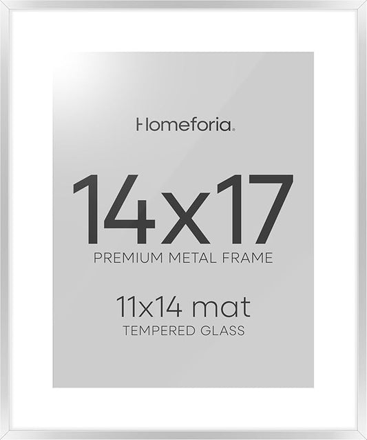 Homeforia Silver 14x17 Picture Frame, High End Metal 14 x 17 Frame with Mat 11 by 14 in Photo, 14x17 Silver Poster Frame Matted to 11x14 Print, 17x14 Hanging Frames, Tempered Glass, Wall Kit, Set of 1