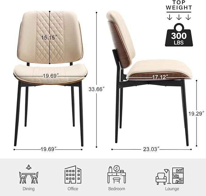 BV Dining Chairs Set of 2, PU Leather Armless Kitchen Chair in Modern Walnut Style, Mid Century Bentwood Side Chair with Metal Legs, Retro Accent Guest Chair for Kitchen Dining Room(Beige)