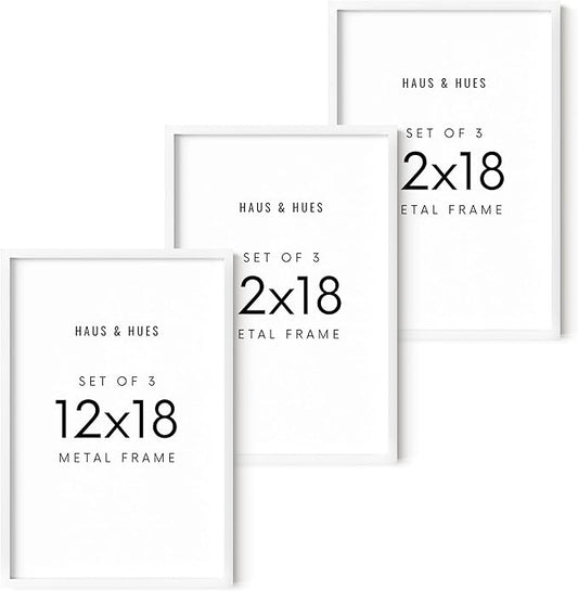 HAUS AND HUES 12x18 White Metal Picture Frames - Features Premium Aluminum, Vertical & Horizontal Hang, Shatterproof Plexiglass - Perfect for Home, Room, Office (12x18 in, White, Set of 3)