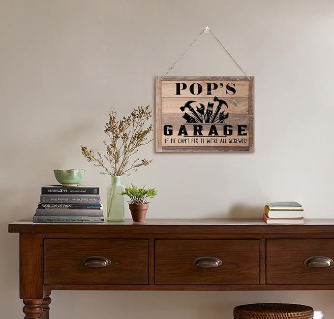 Rustic Sign, Father's Day Gift, Dad's Gift, Grandpa's Gift, Decor Hanging Wood Signs, Printed Wood Wall Art Sign, Pop's Garage, If He Can't Fix It We're All Screwed, Vintage Sign Gift for Grandpa