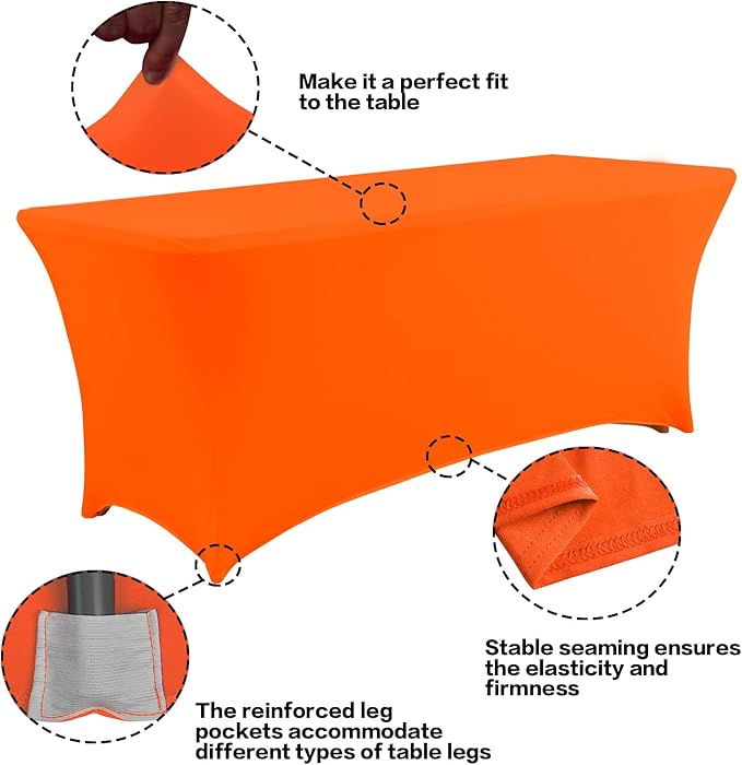 IVAPUPU 2 Pack 8FT Table Cloth for Rectangular Fitted Events Stretch Orange Table Covers Washable Cover Spandex Tablecloth Protector for Party, Wedding, Cocktail, Banquet, Festival