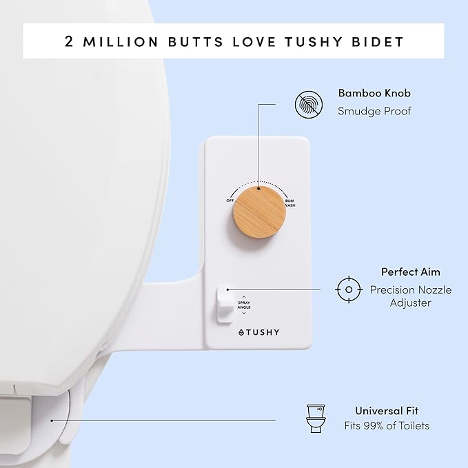 TUSHY Classic 3.0 Non-Electric Bidet Attachment | Self Cleaning Sprayer, Adjustable Water Pressure Nozzle, Angle Control. Fast & Easy DIY Installation. Universal Slim Fit. (Blue/Bamboo)