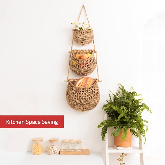 Hanging Fruit Basket, 3 Tier Woven Jute Wall Hanging Basket for Organizing, Hanging Produce Basket for Fruit & Vegetable Storage, Boho Kitchen Decor, Wall Basket Storage for Kitchen, Bedroom, Bathroom