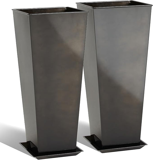 KOL 28''H. Tall Galvanized Steel Glazed Planter with Insert, Set of 2, Planter Pots for Indoor & Outdoor Use, Decorative Flower Plant Pots with Drainage Hole for Front Porch, Patio, Deck - Black