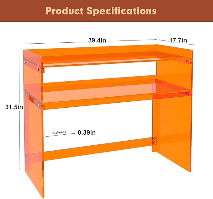 Acrylic Desk with Retaining Edge, Orange Acrylic Table, Console Table for Office, Study, Bedroom, Entrance Decor (17.7" D x 39.4" W x 31.5" H, Orange)