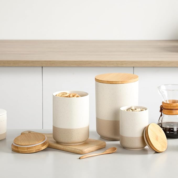 vancasso Sabine Ceramic Canister Set with Airtight Wood Lids - 3-Piece Kitchen Storage for Flour, Sugar, Coffee, Tea & Spices - Modern Countertop Decor