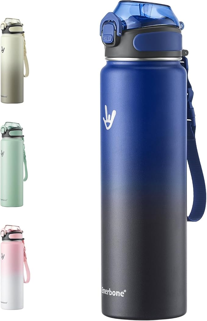 Enerbone 32 oz Insulated Water Bottle, Stainless Steel Bottle with Carrying Strap, Double-Wall Vacuum Insulation Design, Leakproof Sports Bottle with Straw, Keep Drinks Cold or Hot for Hours