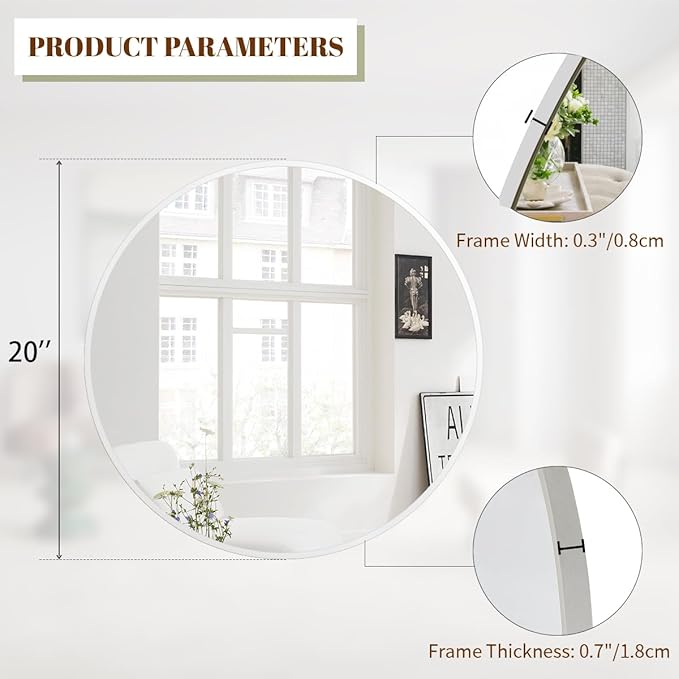 BEAUTYPEAK 20 Inch Round Mirror, Metal Frame Circle Mirror, Wall Mounted for Entryway, Bathroom, Vanity, Living Room, White