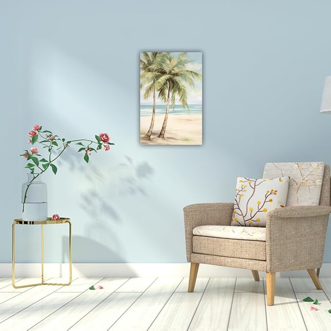 LURENCZH Tropical Beach Canvas Wall Art Seaside Palm Tree Picture Wall Decor Ocean Scenery Painting Prints for Bathroom Decor Framed(Beach-2,12.00" x 18.00")