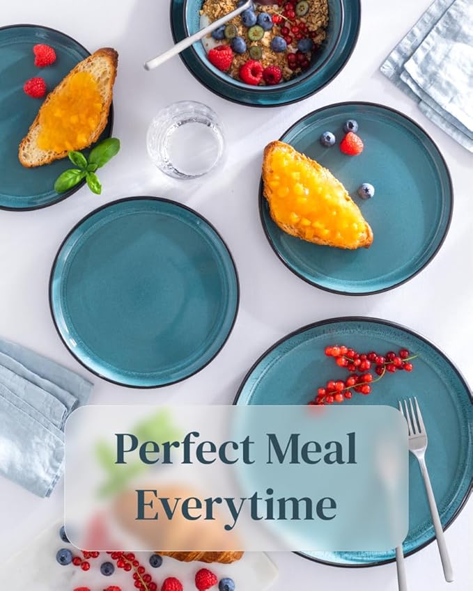 32 Piece Dinnerware Sets for 8 - Modern Style Stoneware Dinnerware Set - Scratch Resistant, Dishwasher Safe Plates and Bowls Sets Ceramic, Dish Set, Bowl and Plate Set - Black and Petrol Blue…