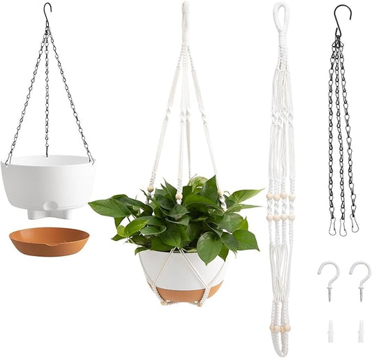 VEVOR Hanging Planters, 10 Inch Self-Watering Hanging Planter, 2 Pack Flower Pots with Drainage Hole & 2 Kinds of Plant Hangers, Plastic Basket Pots, for Garden Home Decor, Indoor & Outdoor Plants